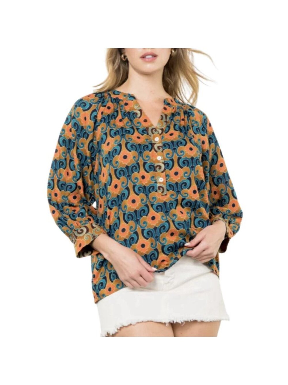 THML Floral Print Top Boho Peasant Blouse Size Small Neutrals Artsy Casual